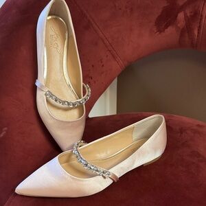 Badgley Mischka Pink Satin Flats with Crystal Strap